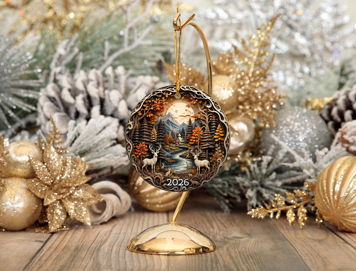 Deer Forest Christmas Ornament 2026, Woodland Christmas Decor, Rustic Cabin Ornament, Winter Deer Scene