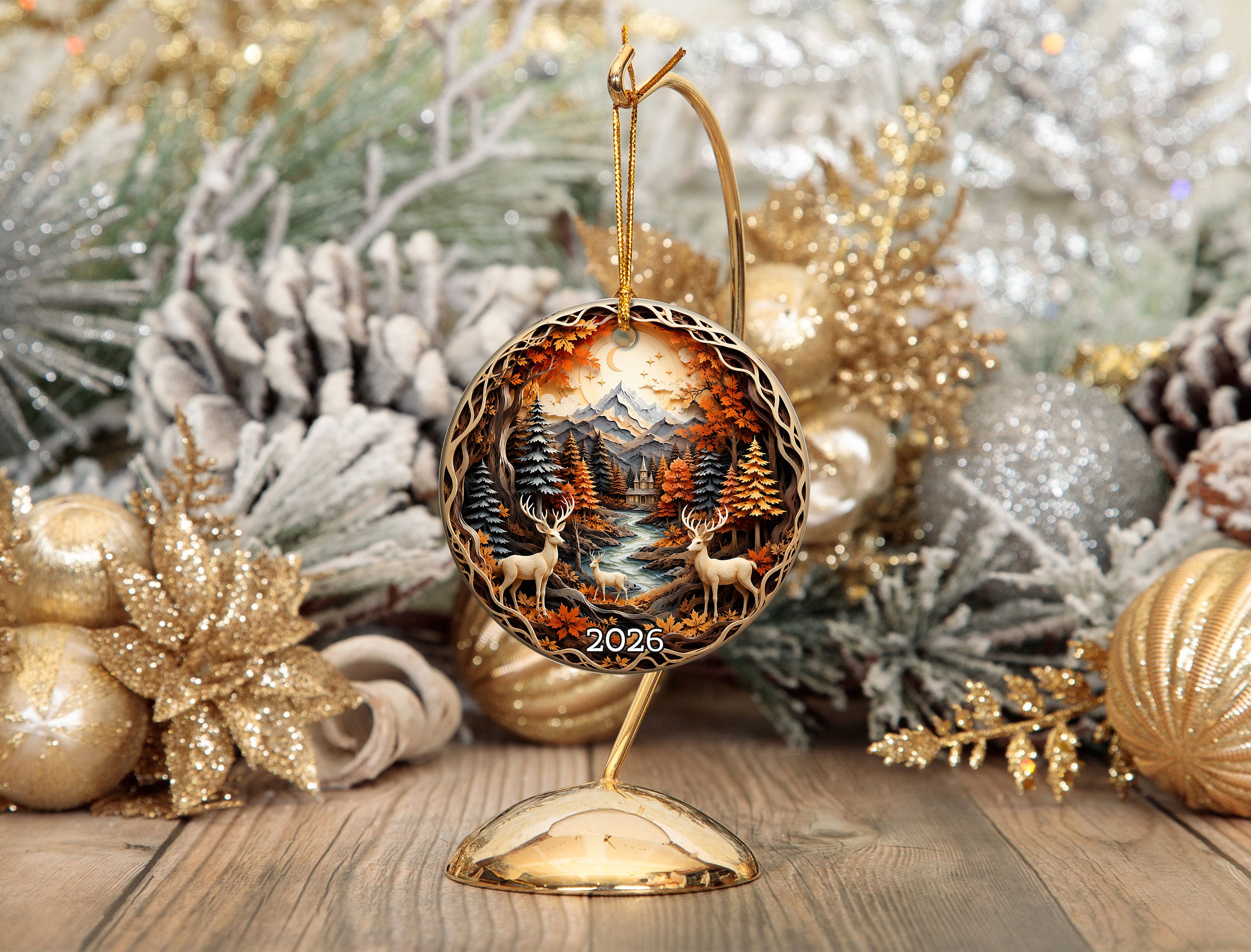 Christmas Deer Ornament 2026, Woodland Forest Christmas Tree Decor, Rustic Holiday Ornament, Winter Cabin Scene