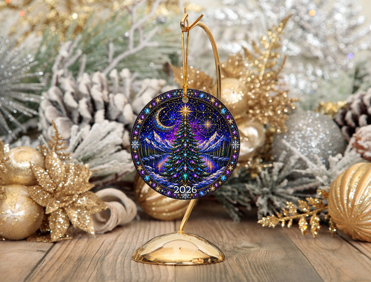 Winter Christmas Tree Ornament 2026, Aurora Sky Christmas Decor, Holiday Ornament, Snowy Mountain Landscape