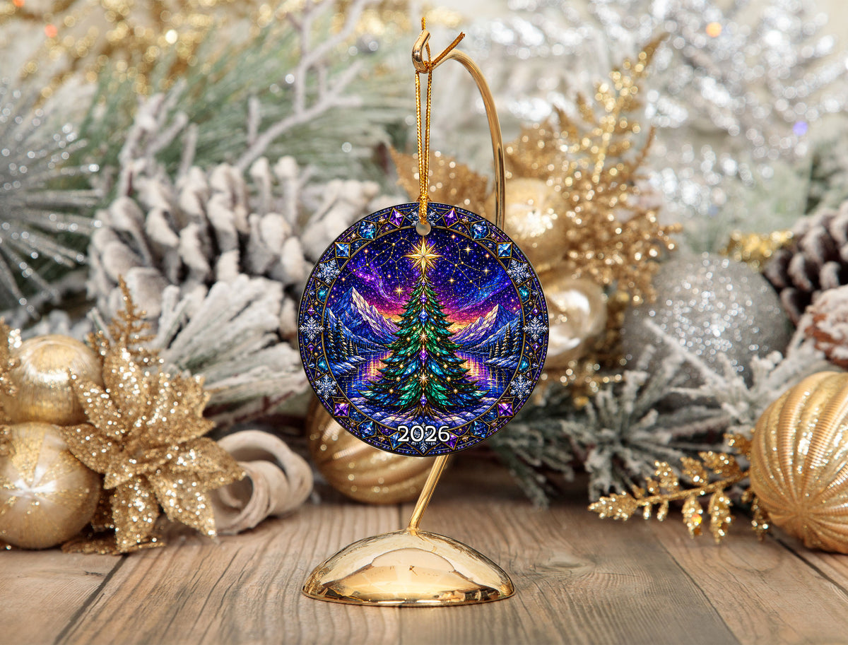 Christmas Tree Ornament 2026, Winter Mountain Landscape, Aurora Christmas Decor, Holiday Tree Decoration