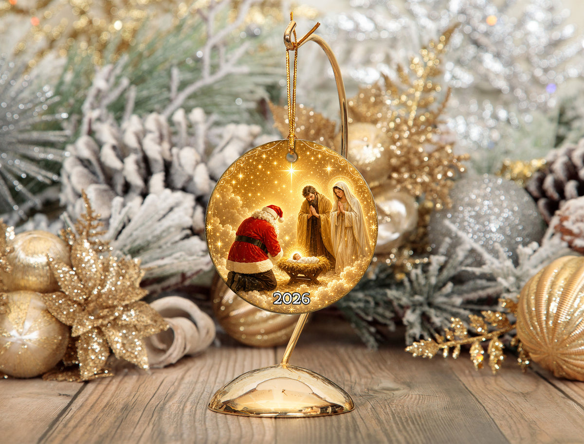 Religious Christmas Ornament 2026 with Santa and Nativity Scene, Baby Jesus Holy Family Christmas Tree Decoration