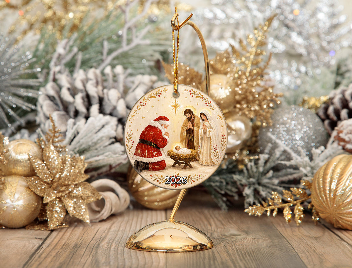 Nativity Christmas Ornament 2026, Santa and Baby Jesus Religious Ornament, Holy Family Christmas Tree Decor
