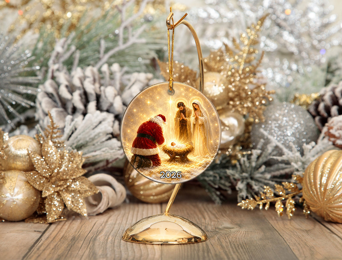 Religious Christmas Ornament 2026 with Santa and Nativity Scene, Baby Jesus Holy Family Christmas Tree Decoration, Christian Gift