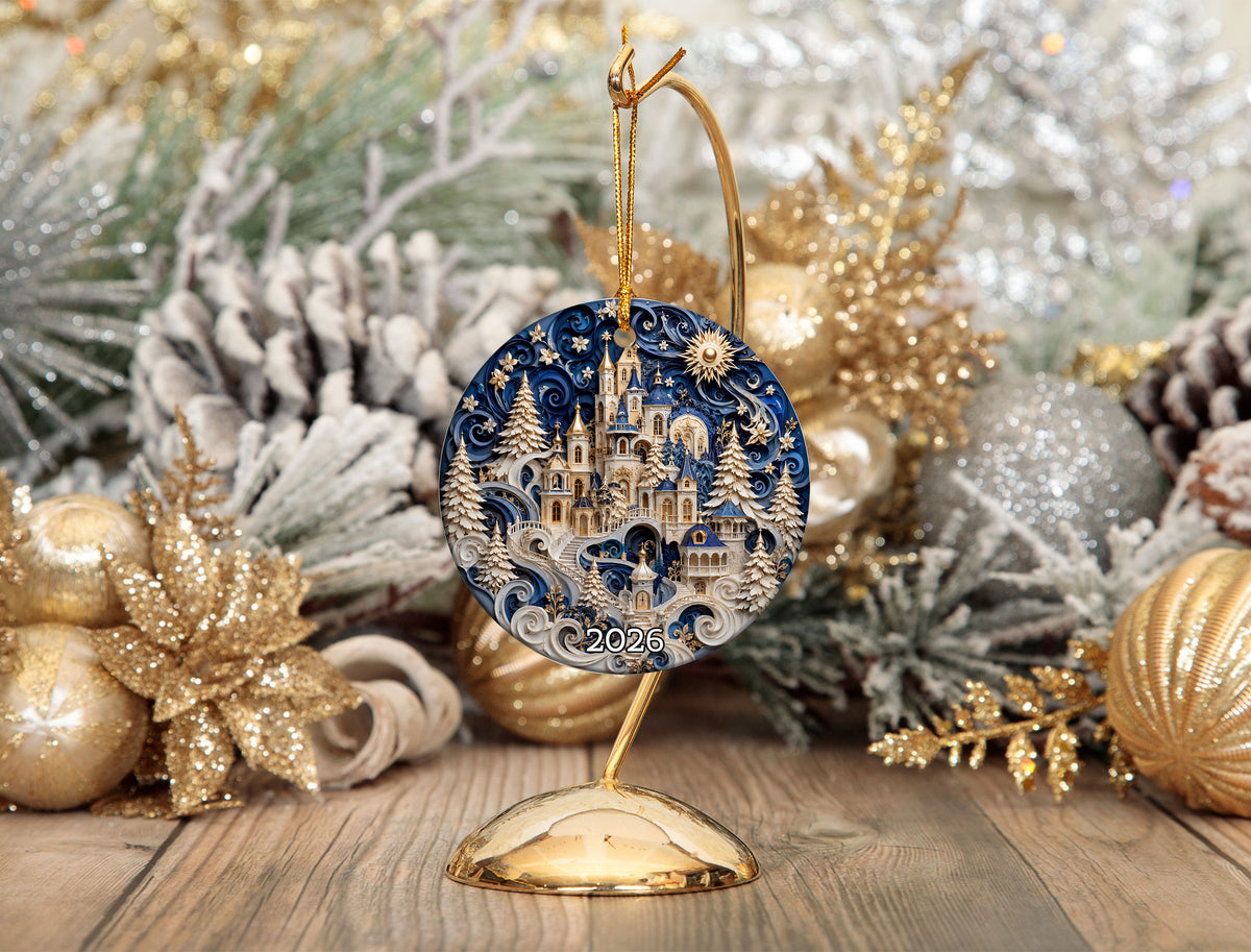 Christmas Castle Ornament 2026, Snowy Winter Village Decoration, Blue Holiday Tree Ornament, Christmas Keepsake Gift, Festive Home Decor