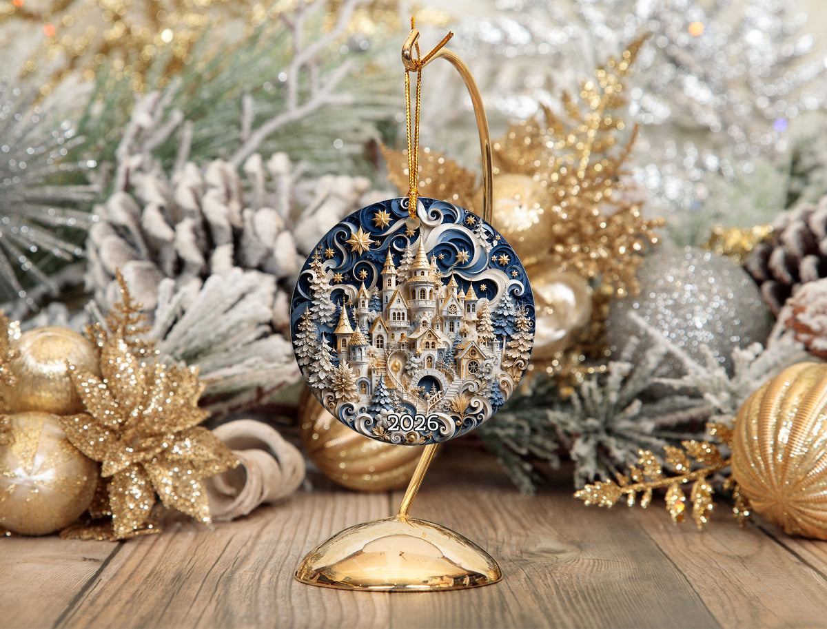 Blue Winter Christmas Ornament 2026, Snowy Castle Tree Ornament, Christmas Village Holiday Decoration