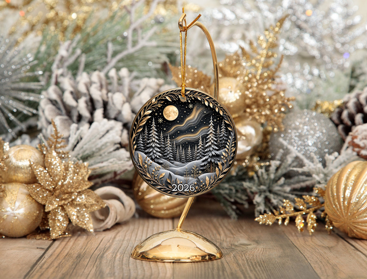 Christmas Tree Ornament 2026, Winter Forest Scence Ornament, Gold Black Christmas Decor, Holiday Keepsake Gift for Family and Friends