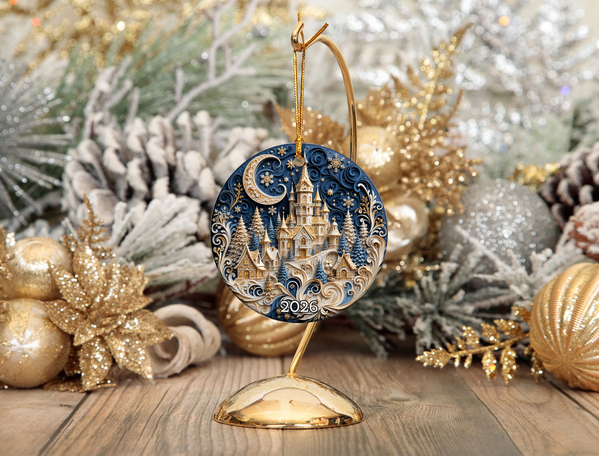 Blue Christmas Castle Ornament 2026, Winter Castle Christmas Ornament, Snowy Village Tree Decor, Holiday Keepsake Gift