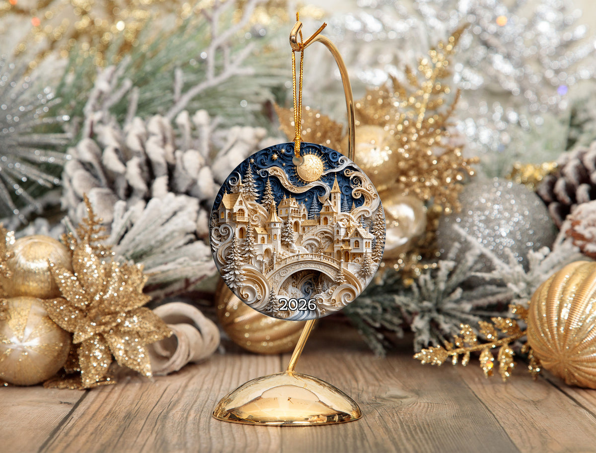 Winter Castle Christmas Ornament 2026, Blue and White Christmas Tree Ornament, Snowy Holiday Village Decor, Festive Keepsake Gift for Family