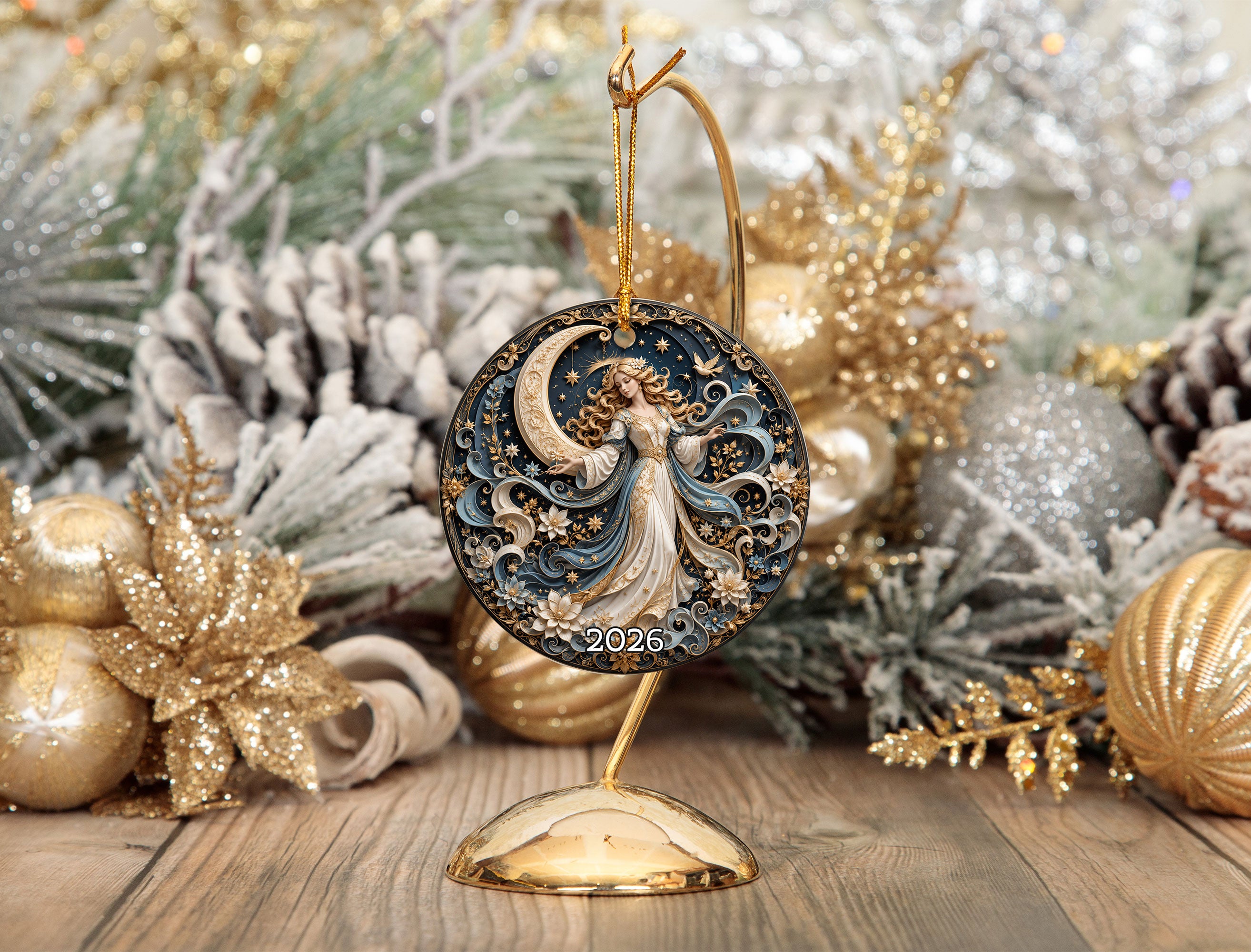 Elegant Christmas Ornament 2026, Angel with Moon and Stars Ornament, Holiday Tree Decoration