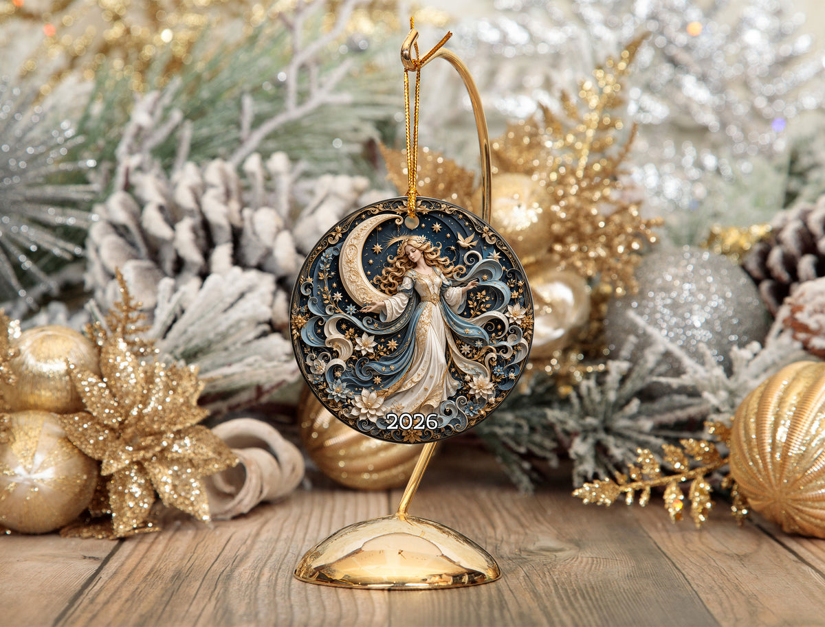 Elegant Christmas Ornament 2026, Angel with Moon and Stars Ornament, Holiday Tree Decoration
