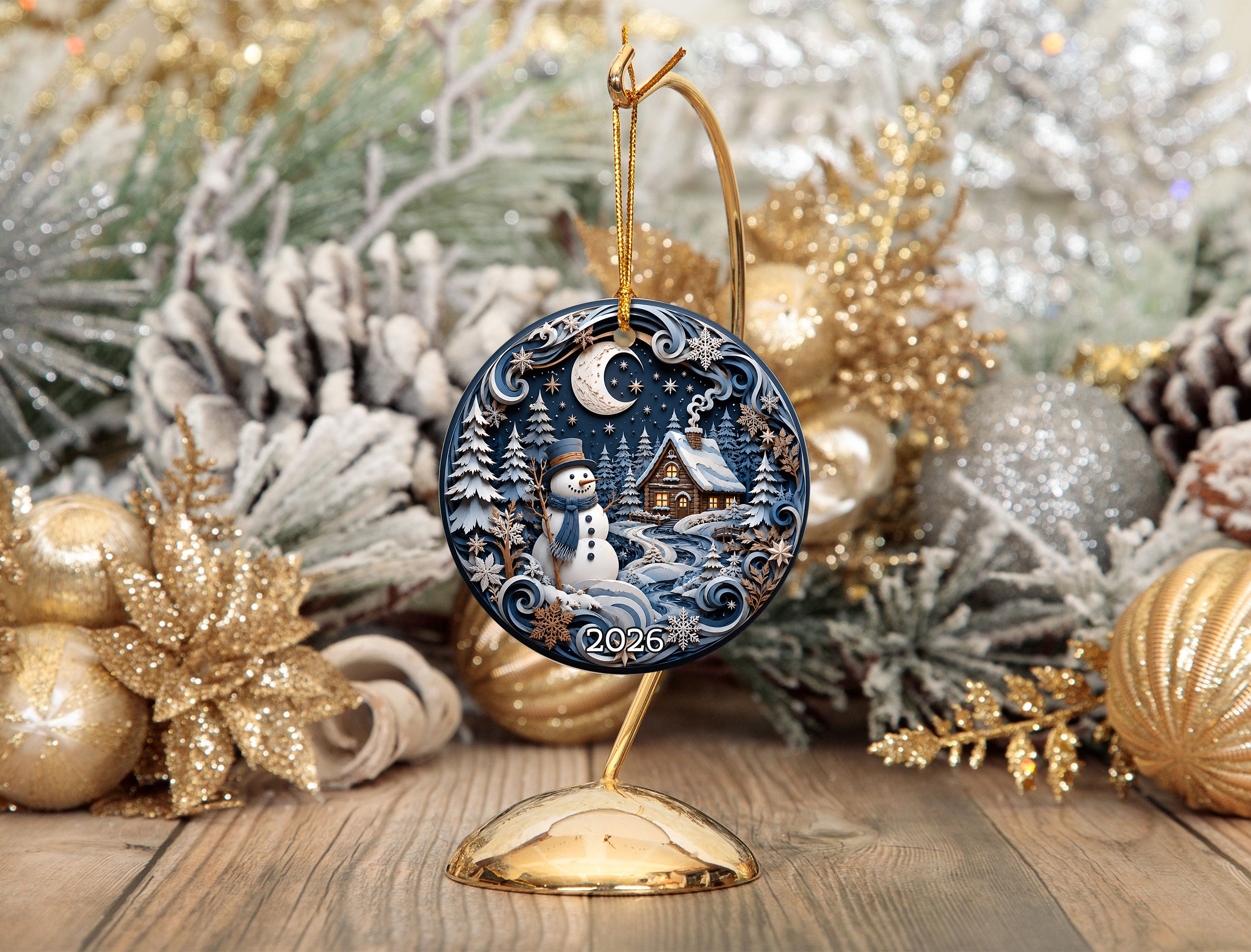 2026 Christmas Ornament with Snowman, Winter Village Christmas Tree Ornament, Ceramic Holiday Decoration