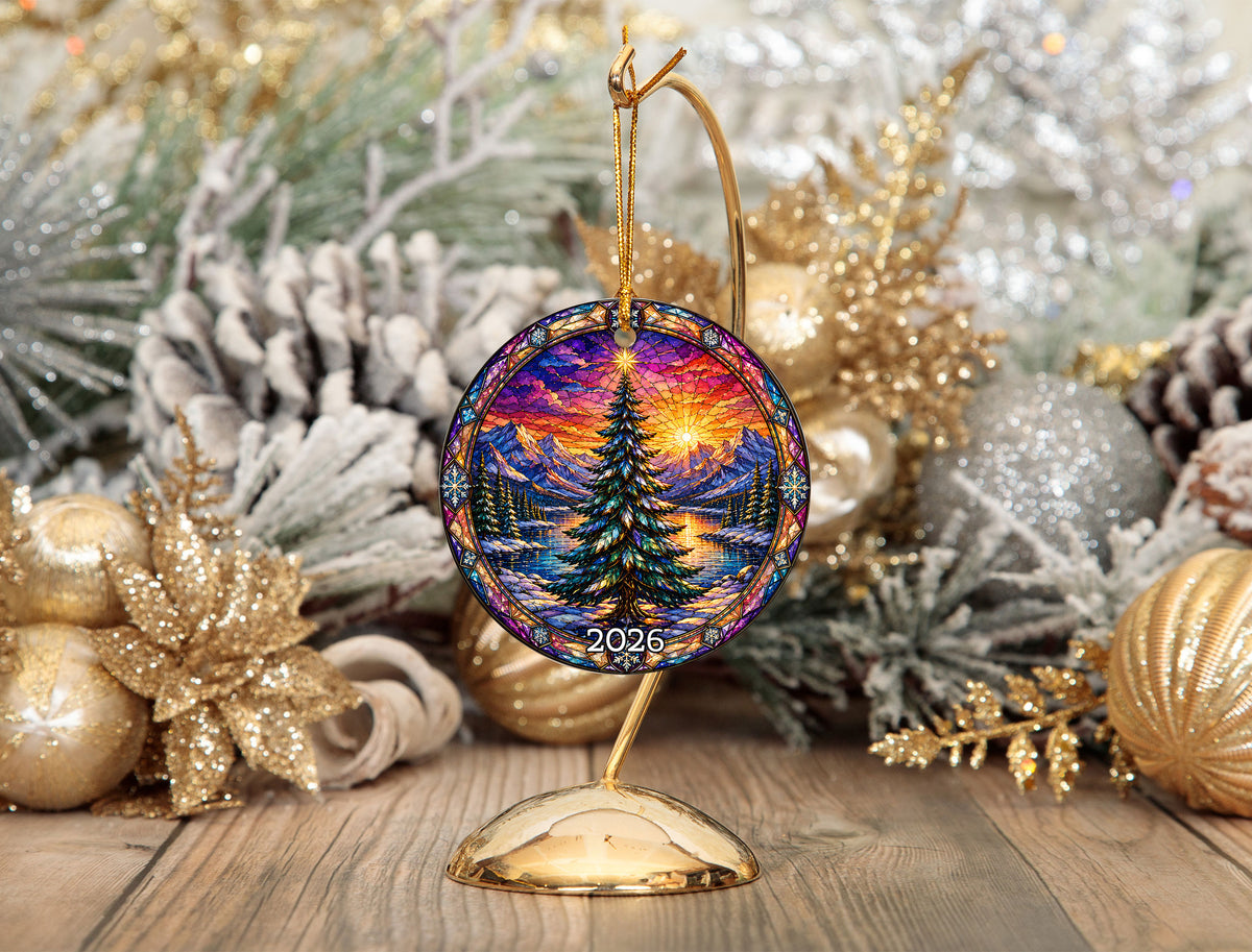 Colorful Christmas Tree Ornament 2026, Stained Glass Style Holiday Ornament, Winter Landscape Decor