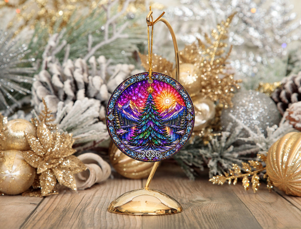 Stained Glass Style Christmas Ornament 2026, Colorful Evergreen Tree with Mountain Lake, Holiday Tree Decoration