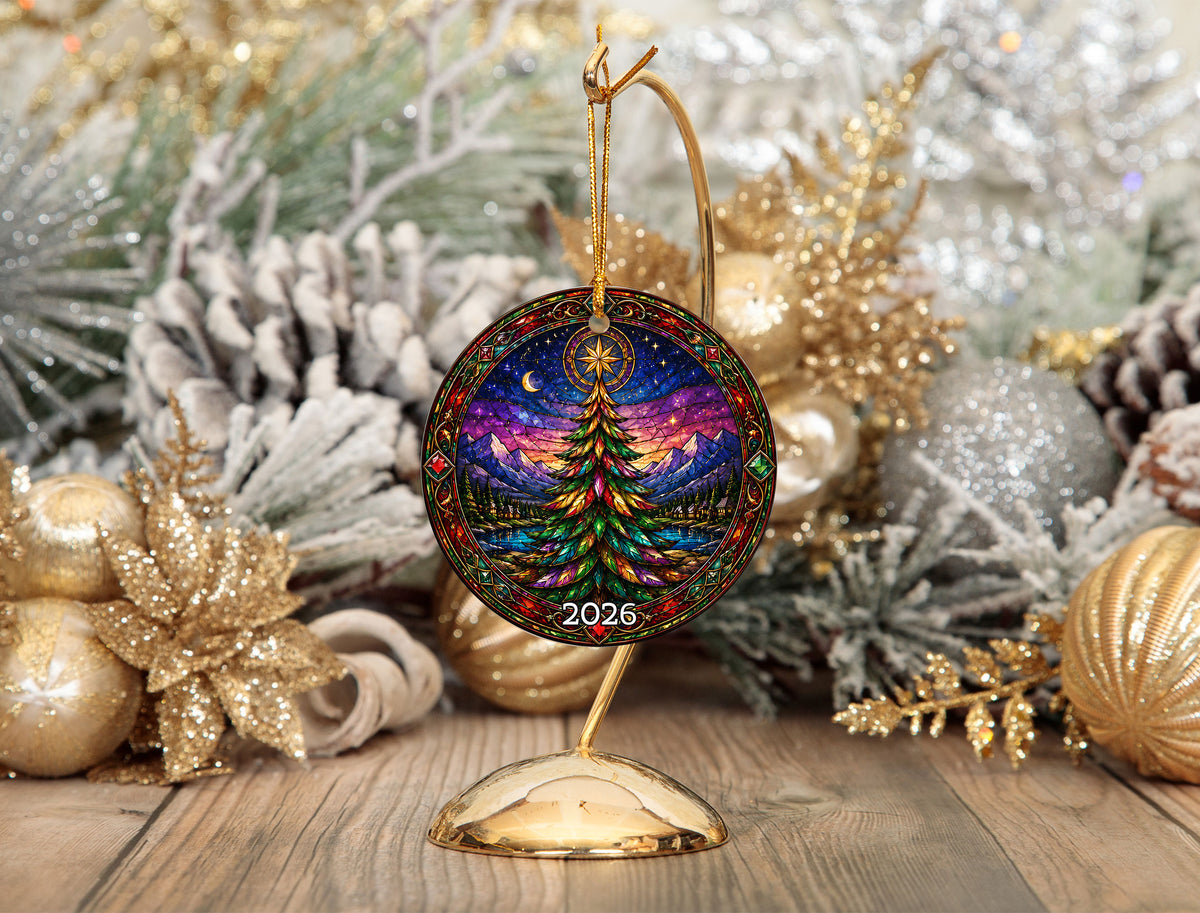 Christmas Tree Holiday Ornament 2026, Colorful Stained Glass Inspired Winter Scene, Festive Christmas Decoration