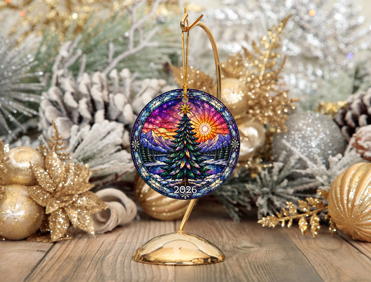 Christmas Ornament 2026 with Colorful Christmas Tree, Winter Lake Landscape Decoration, Holiday Tree Keepsake