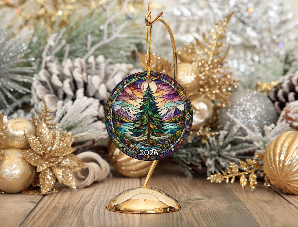 Vintage Christmas Tree Ornament 2026, Holiday Winter Landscape Decor, Stained Glass Inspired Christmas Keepsake