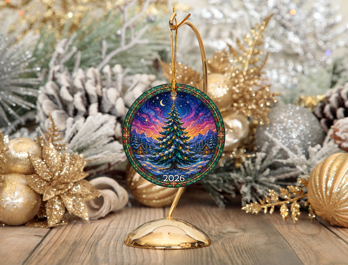 Stained Glass Inspired Christmas Tree Ornament 2026, Colorful Holiday Winter Landscape Decoration