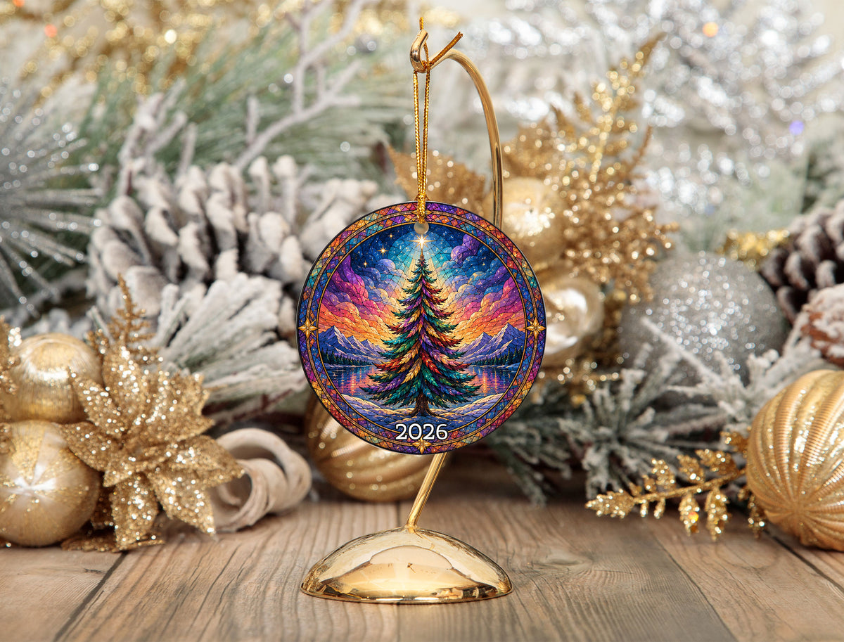 Colorful Stained Glass Style Christmas Tree Ornament 2026, Winter Mountain Lake Suncatcher Style