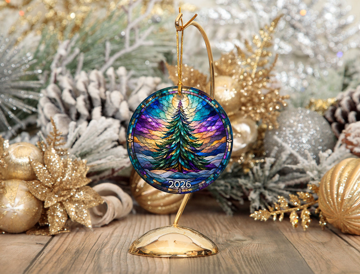 Christmas Tree Keepsake Ornament 2026, Colorful Rainbow Evergreen Winter Scene, Holiday Decoration
