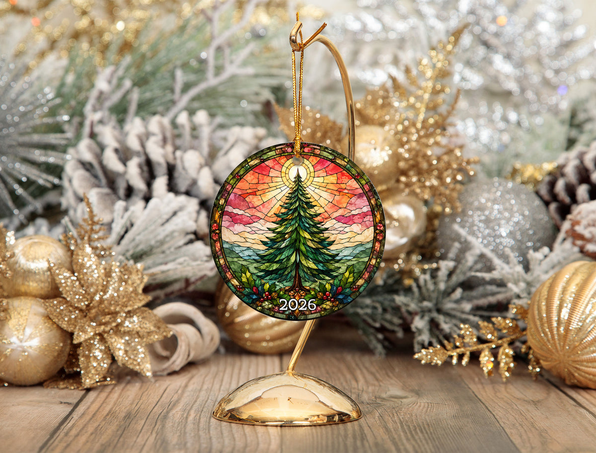 Winter Christmas Tree Ornament 2026, Vintage Chrismas Tree Holiday Decoration, Stained Glass Inspired Christmas Tree Keepsake Gift