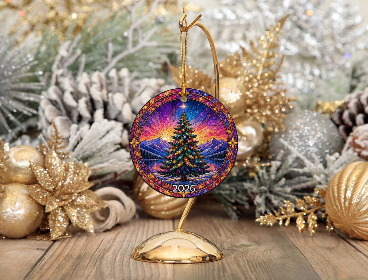 Colorful Christmas Ornament 2026, Rainbow Evergreen Tree with Winter Mountain Scene, Holiday Tree Decor