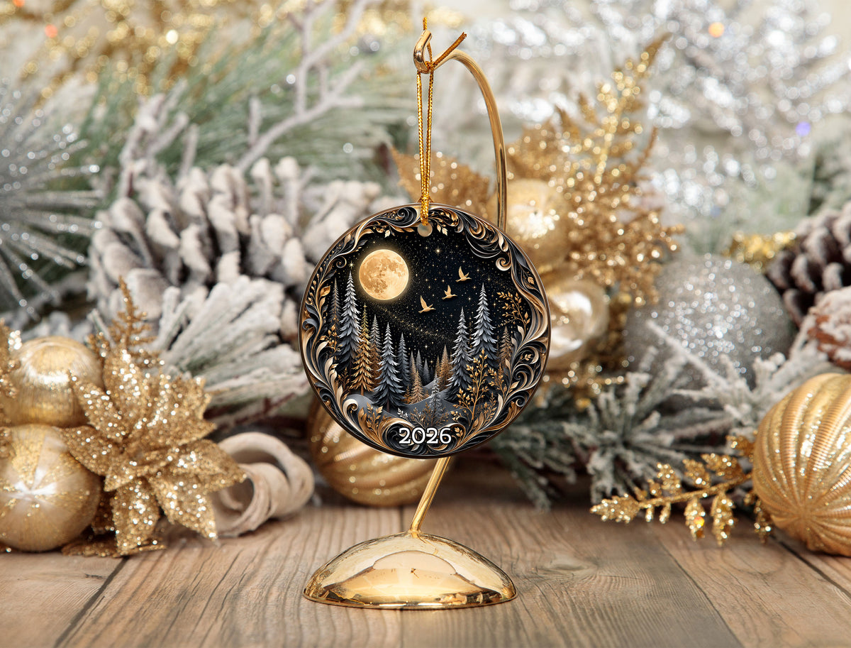 Christmas Forest Ornament 2026, Moonlit Pine Trees Holiday Decoration, Woodland Christmas Keepsake, Winter Nature Gift for Friends and Family