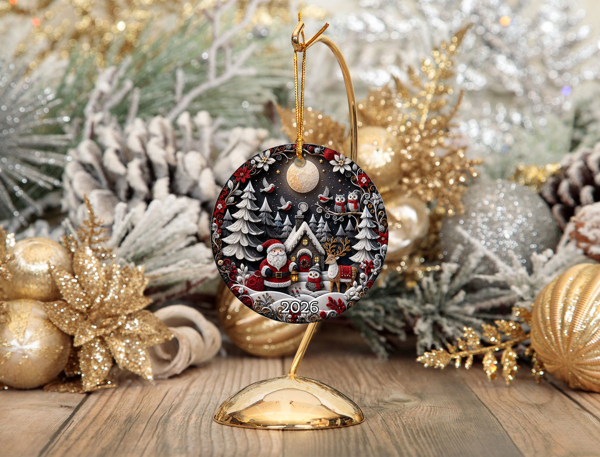 Holiday Christmas Ornament 2026, Santa Owl Deer Robin Forest Cabin Winter Scene, Christmas Tree Decoration, Festive Keepsake Gift