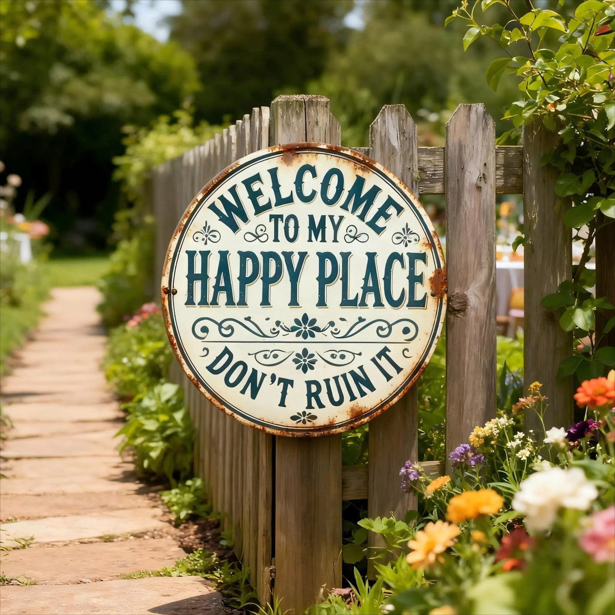 Welcome To My Happy Place Sign, Vintage Rustic Metal Sign, Farmhouse Outdoor Decor