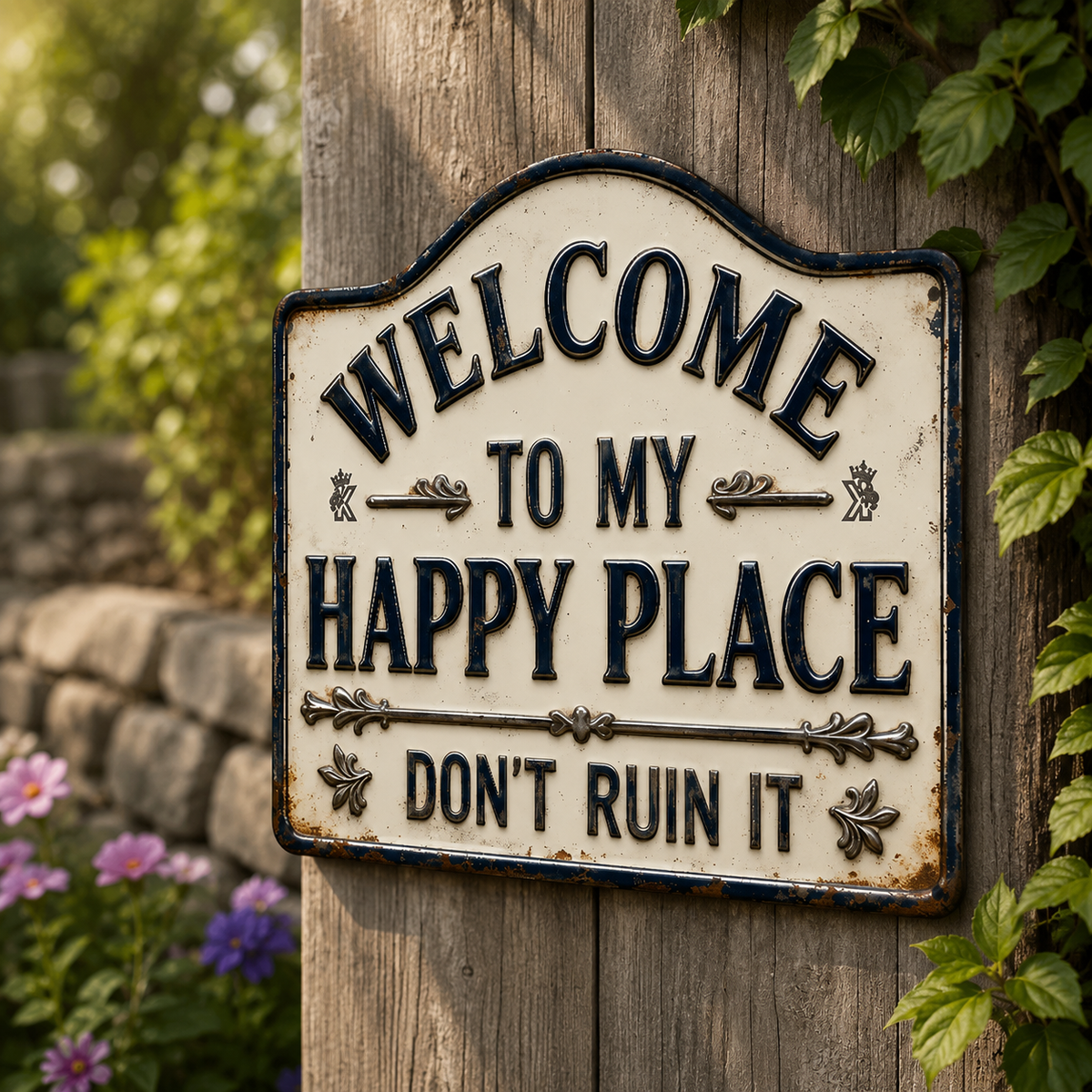 Vintage Welcome Metal Sign, Welcome To My Happy Place, Garden Outdoor Wall Decoration