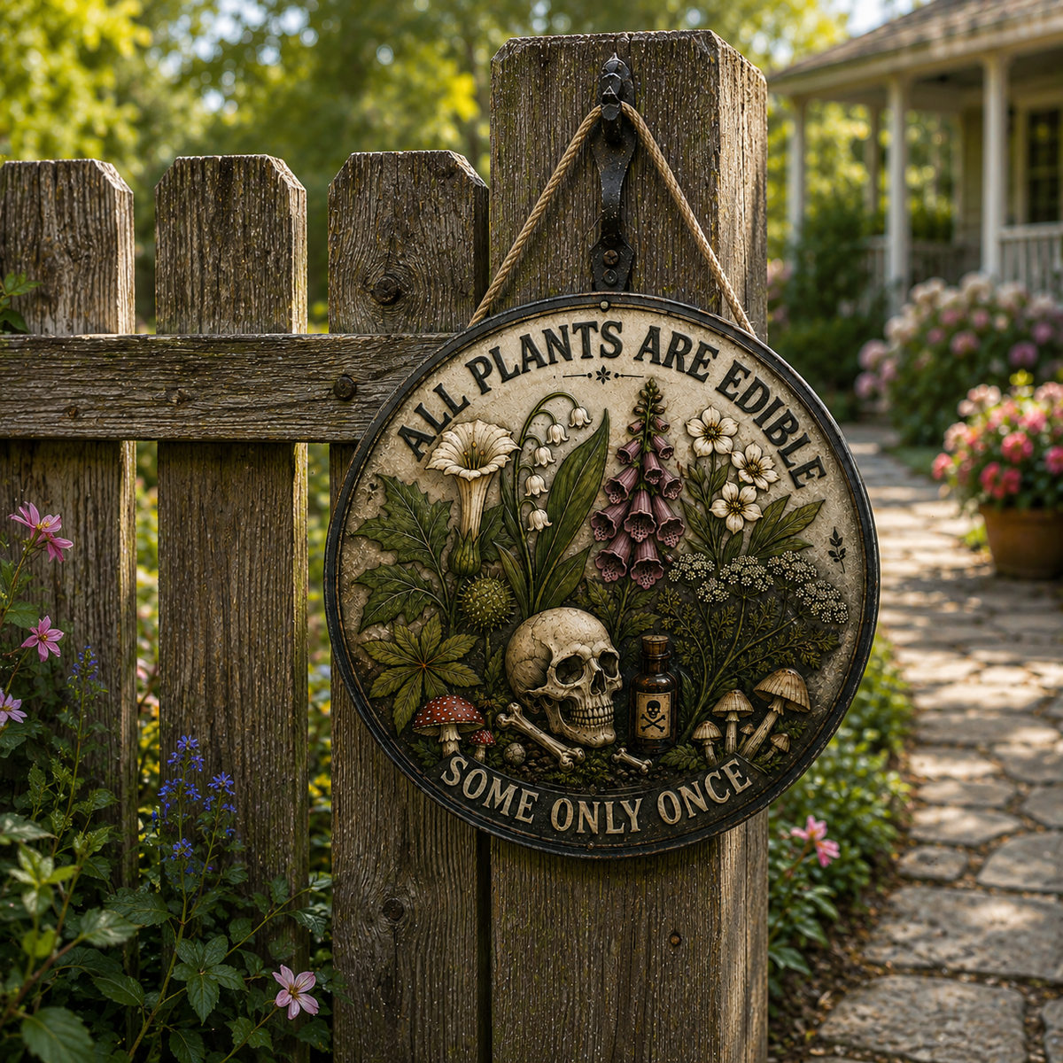 All Plants Are Edible Round Metal Sign, Funny Gothic Botanical Metal Sign, Dark Humor Plant Lover Gift, Mushroom Skull Decor