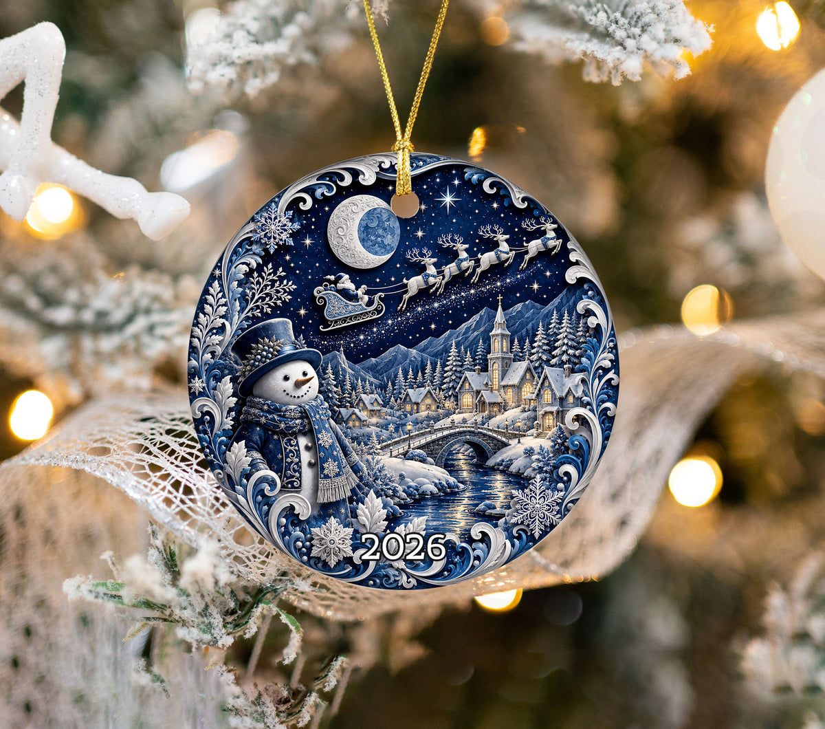 Blue Christmas Village Ornament 2026, Snowman Holiday Ornament, Ceramic Christmas Decoration