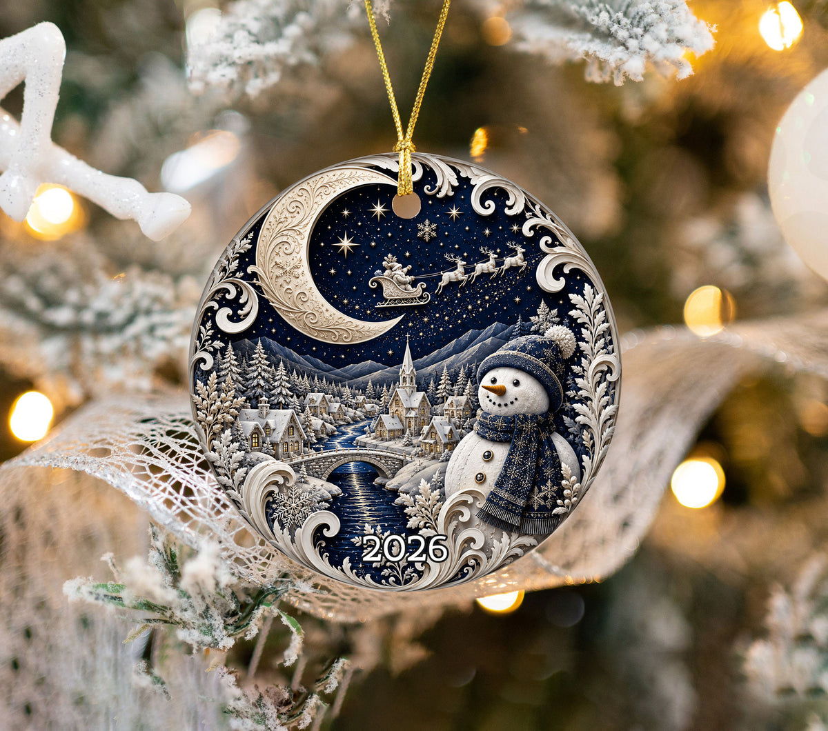Christmas Ornament 2026 Blue Winter Village with Snowman, Ceramic Tree Ornament, Holiday Decoration