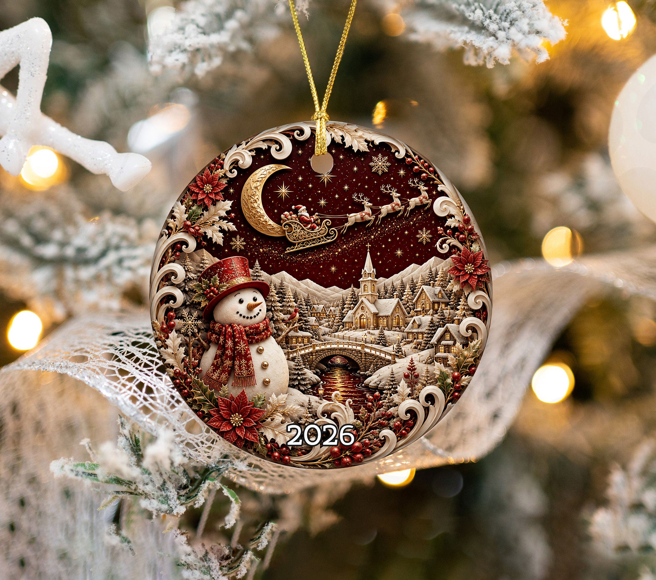 Red Snowman Christmas Ornament 2026, Winter Village Tree Ornament, Ceramic Holiday Decoration