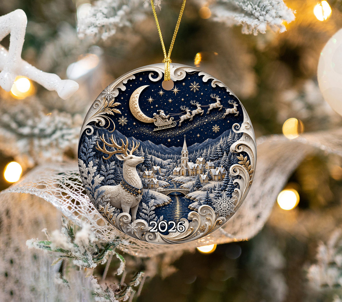 Deer Christmas Ornament 2026, Blue Winter Tree Ornament, Ceramic Christmas Decoration, Holiday Keepsake Gift