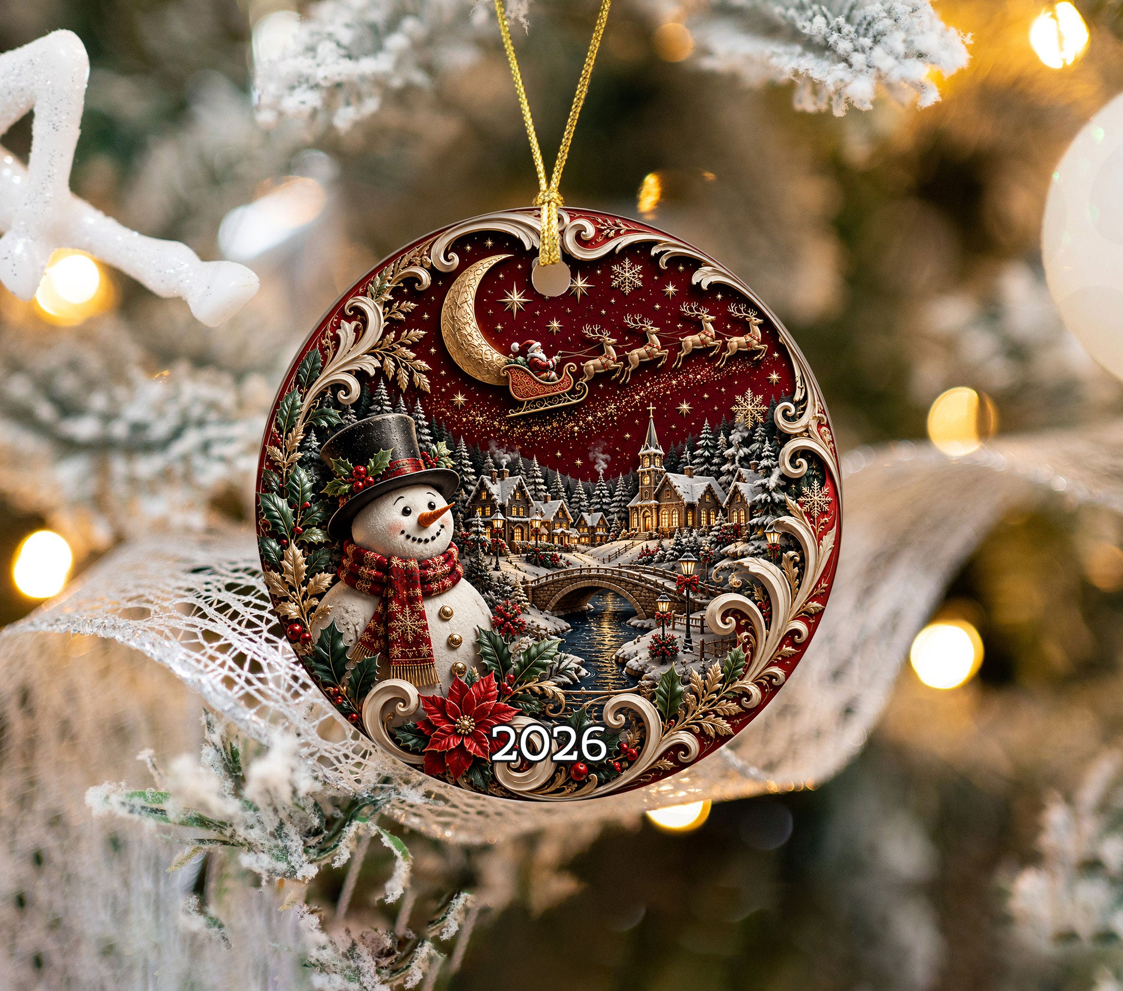 Christmas Tree Ornament 2026 with Snowman and Winter Village, Red Ceramic Ornament, Holiday Decoration