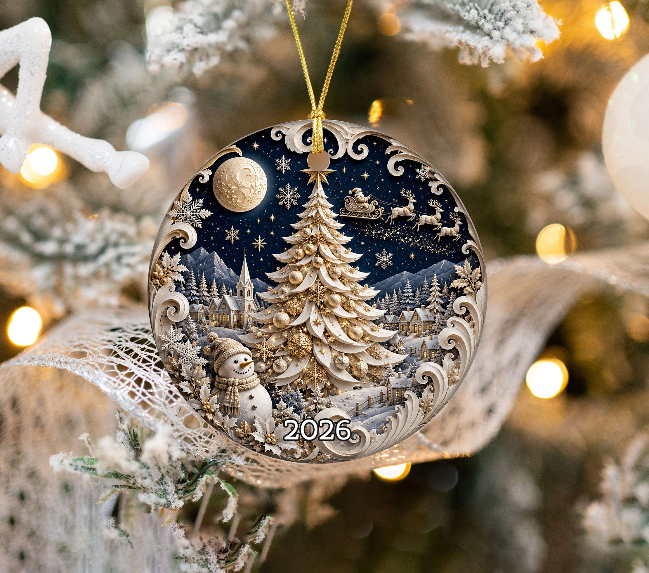 Christmas Ornament 2026 Blue Winter Village with Snowman, Ceramic Tree Ornament, Holiday Decoration