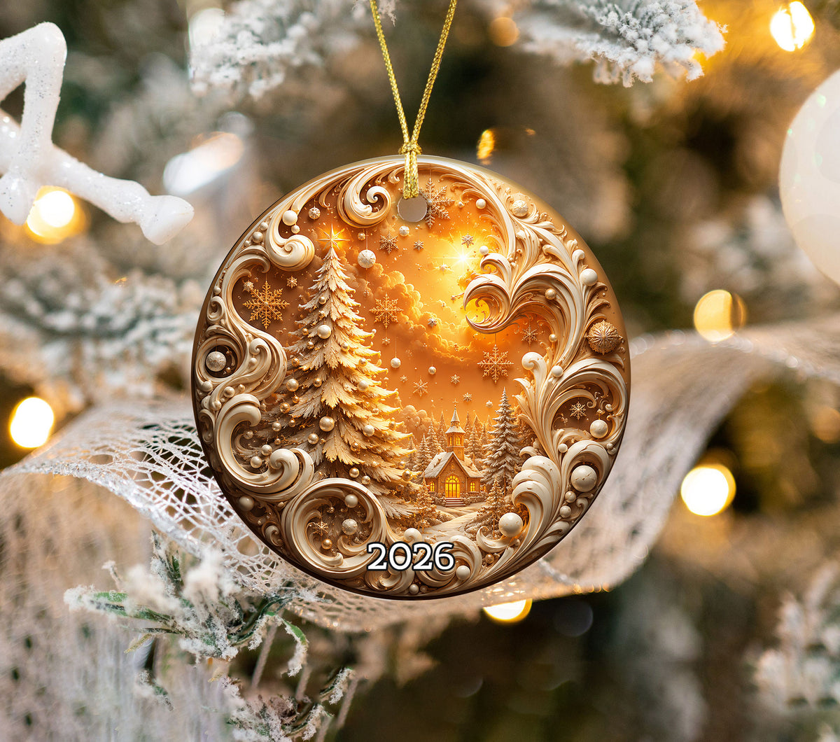 Golden Christmas Tree Ornament 2026, Cozy Winter Village Ornament, Christmas Tree Keepsake, Holiday Gift, Festive Seasonal Home Decoration