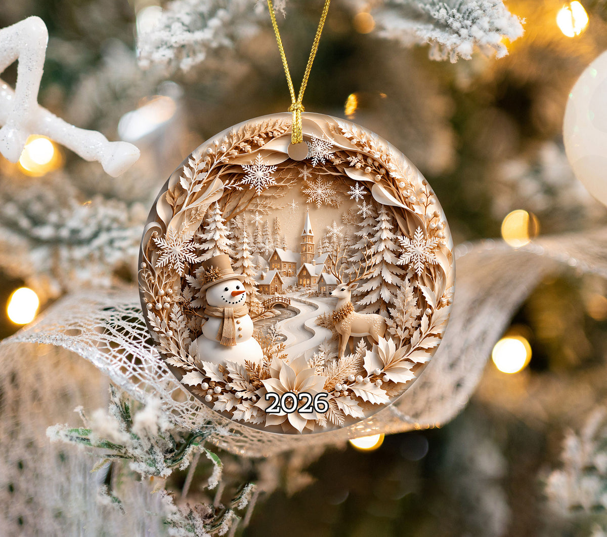 2026 Christmas Ornament with Snowman Deer, Winter Village Christmas Tree Ornament, Ceramic Holiday Decoration