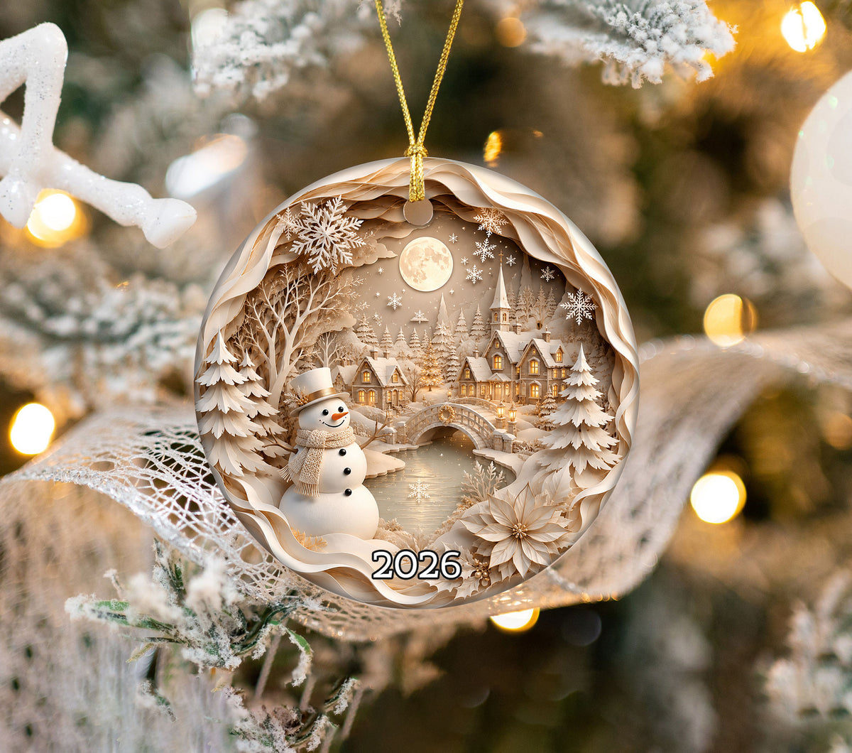 Christmas Tree Ornament 2026, Snowman Winter Village Ceramic Ornament, Holiday Decoration