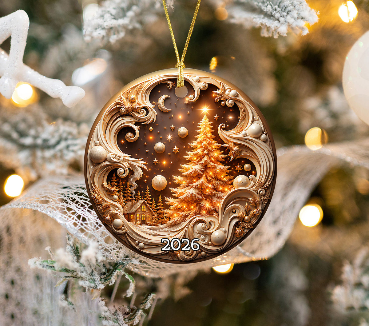 2026 Golden Christmas Tree Ornament, Winter Village Christmas Ornament, Elegant Holiday Tree Decoration