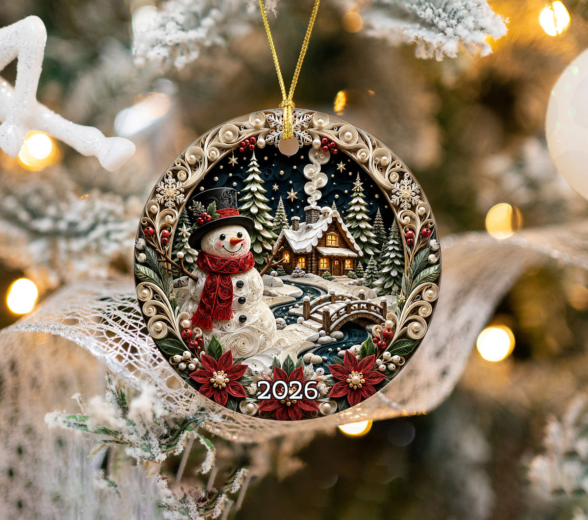 Snowman Holiday Ornament 2026, Rustic Christmas Ceramic Ornament, Winter Tree Decoration, Festive Keepsake Gift