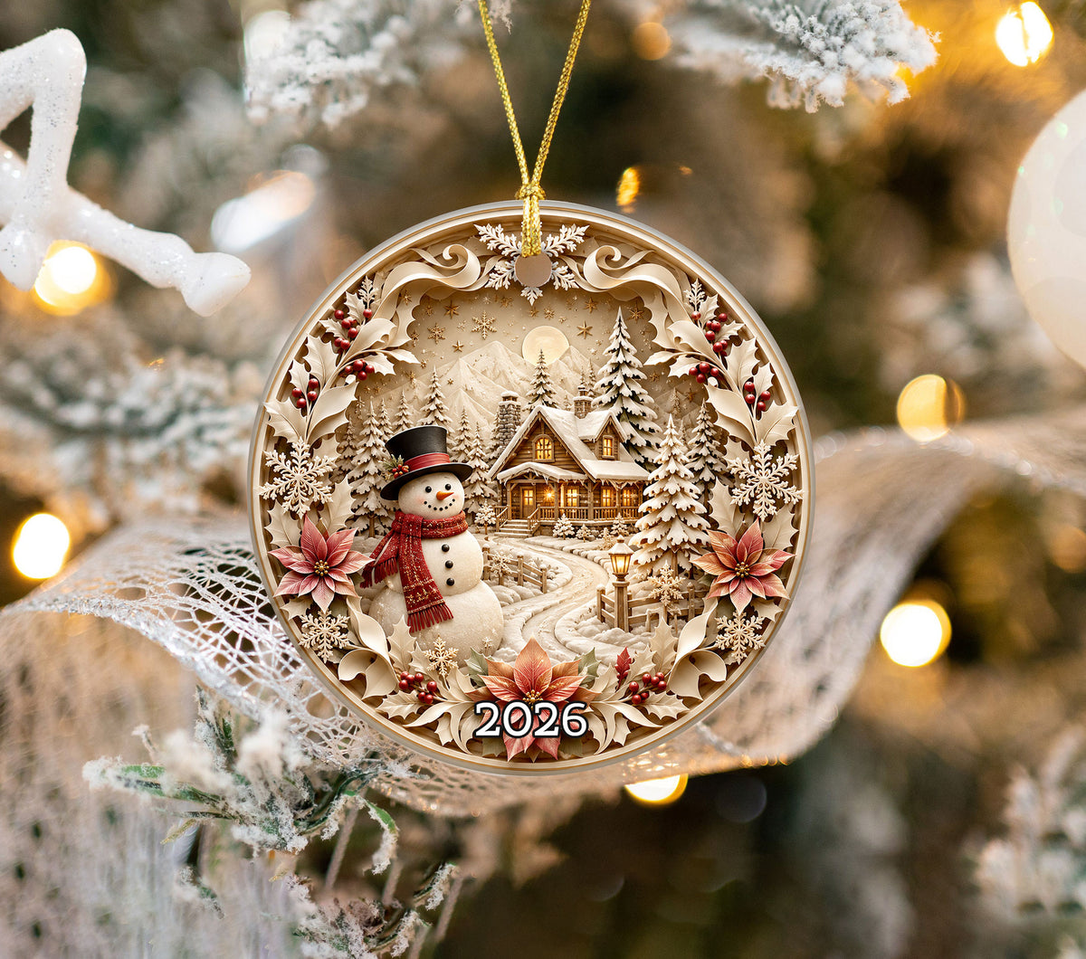 Rustic Snowman Ornament 2026, Christmas Tree Ceramic Ornament, Winter Holiday Decoration
