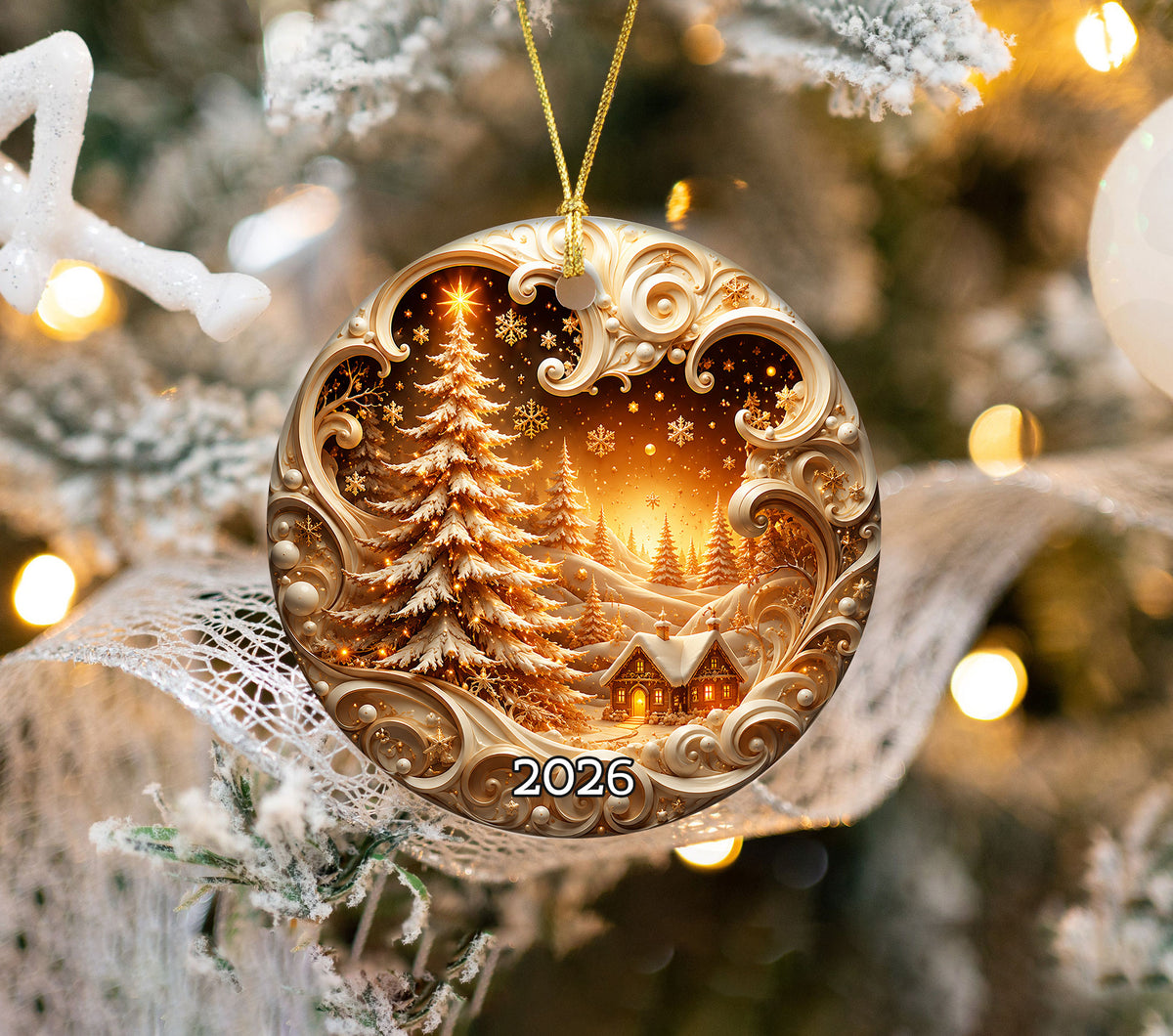 Christmas Ornament 2026, Custom Name Christmas Tree Church Winter Night Ornament, Snowflake Holiday Keepsake
