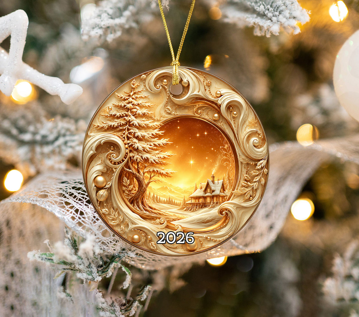 Golden Christmas Tree Ornament 2026, Tree of Life Ceramic Ornament, Winter Landscape Holiday Decoration, Christmas Gift Keepsake