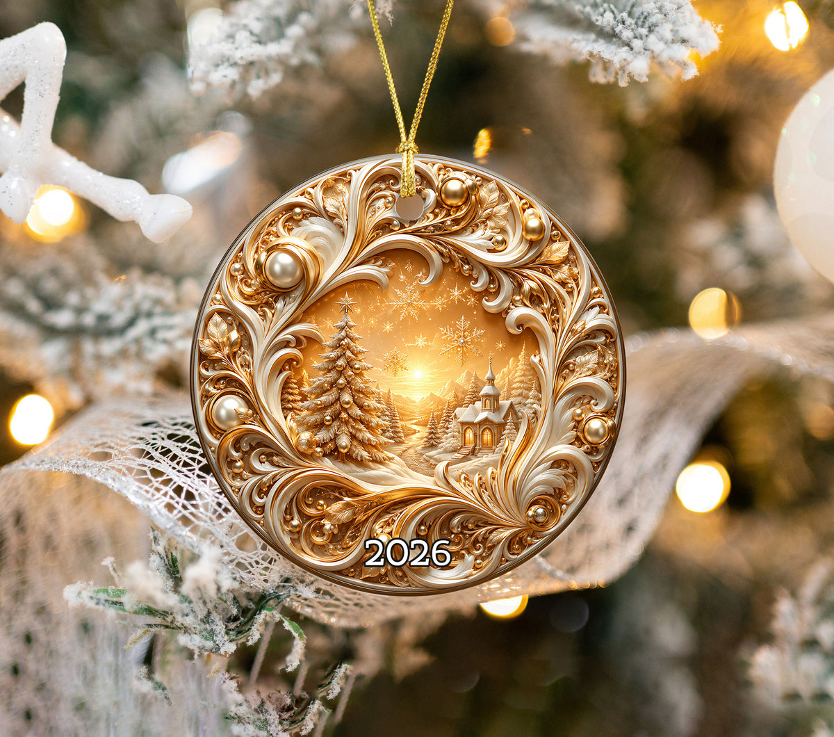 Gold Christmas Tree Ornament 2026, Christmas Tree Ceramic Ornament, Holiday Christmas Decoration, Christmas Keepsake Gift for Family and Friends