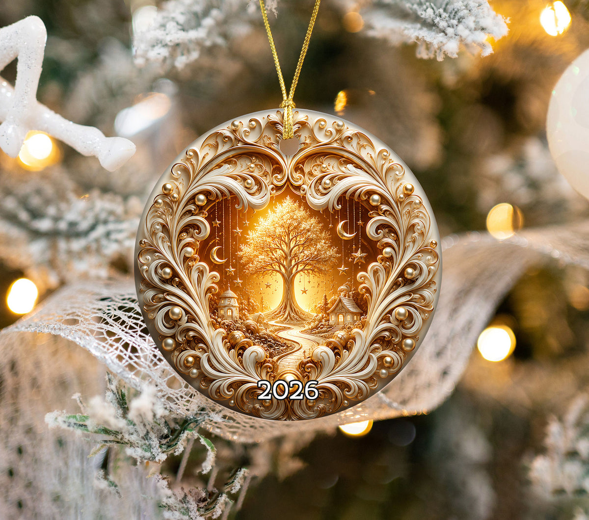 Tree of Life Christmas Ornament 2026, Golden Ceramic Christmas Ornament, Winter Holiday Decoration, Christmas Gift for Friends and Family