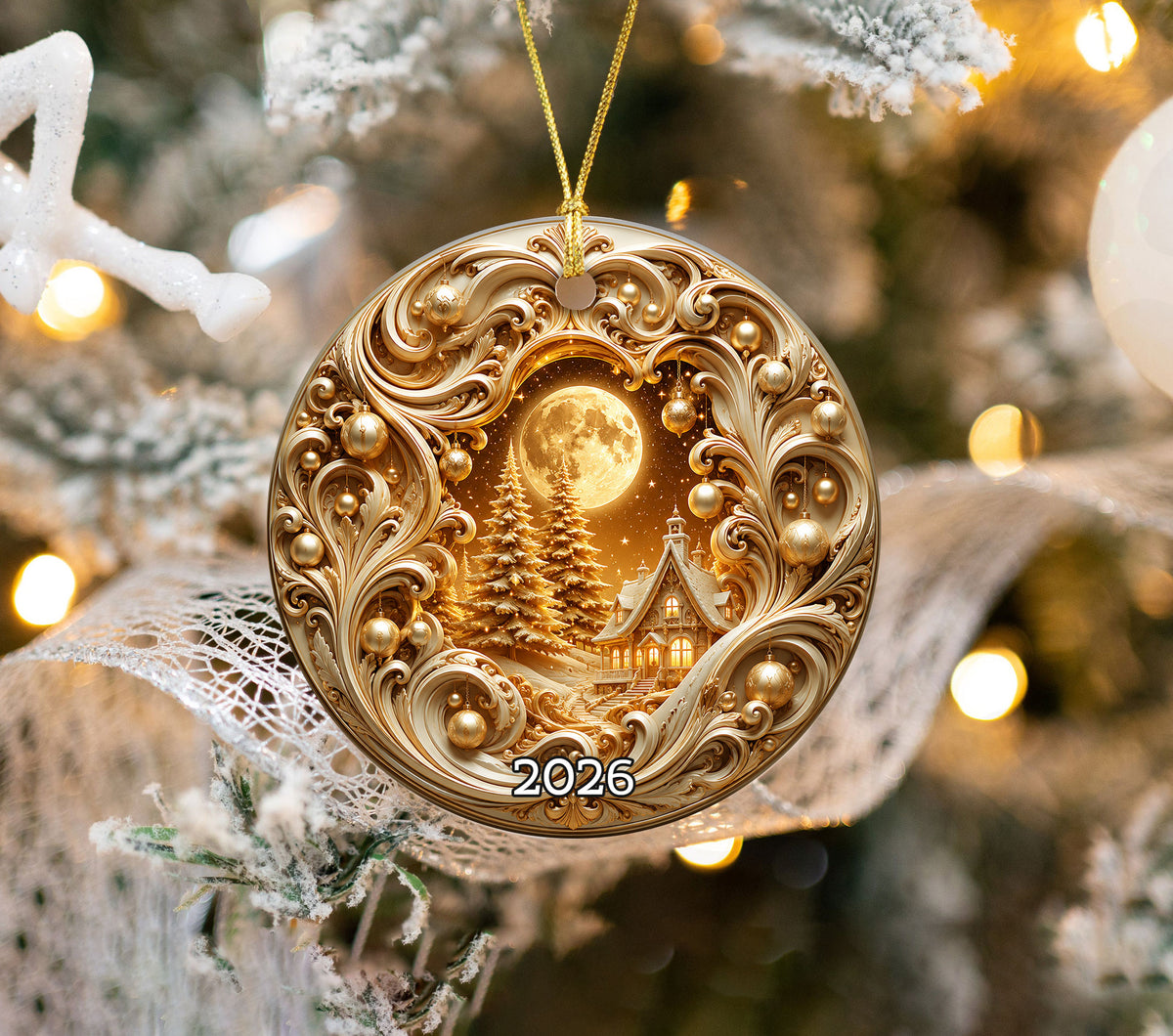 2026 Christmas Tree Ornament, Gold Christmas Ceramic Ornament, Holiday Tree Decoration, Christmas Keepsake Gift for Home Decor