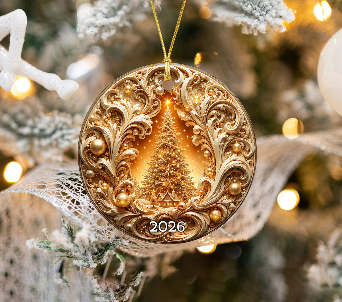 Christmas Tree Ornament 2026, Gold Ceramic Christmas Ornament, Holiday Decoration, Christmas Tree Decor
