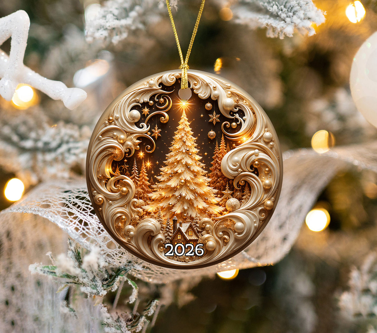 2026 Gold Christmas Ornament, Christmas Tree Holiday Ornament, Ceramic Christmas Decoration, Keepsake Gift for Family and Home