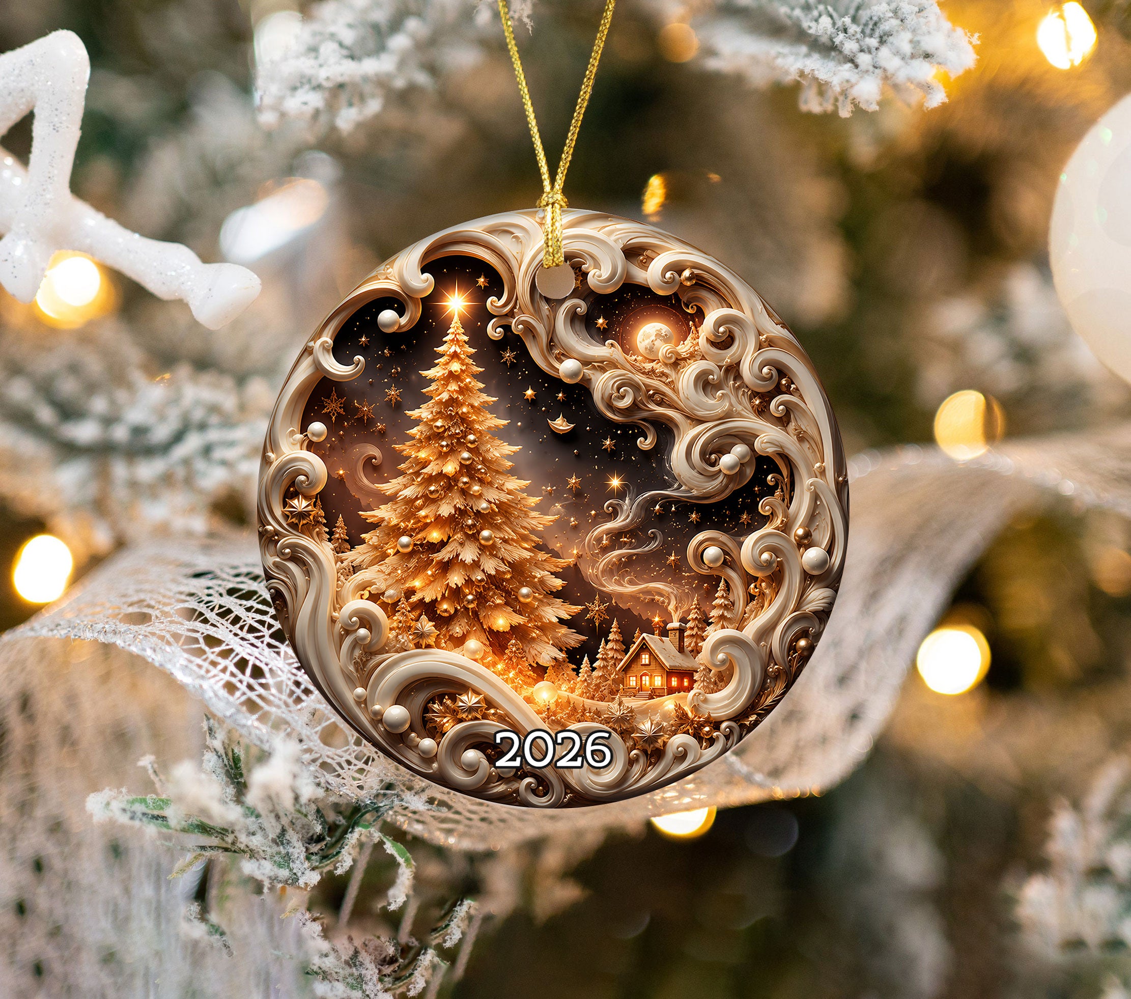 Elegant Christmas Tree Ornament 2026, Golden Winter Landscape Ornament, Holiday Keepsake Decoration